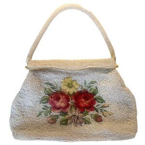 Needlepoint Roses Beaded Handbag Magnetic Closure Inner Pockets Vintage
